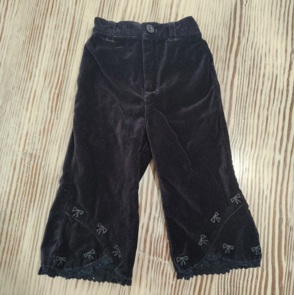 Girls 6-9 Black Velvet Embroidered Vintage Pants